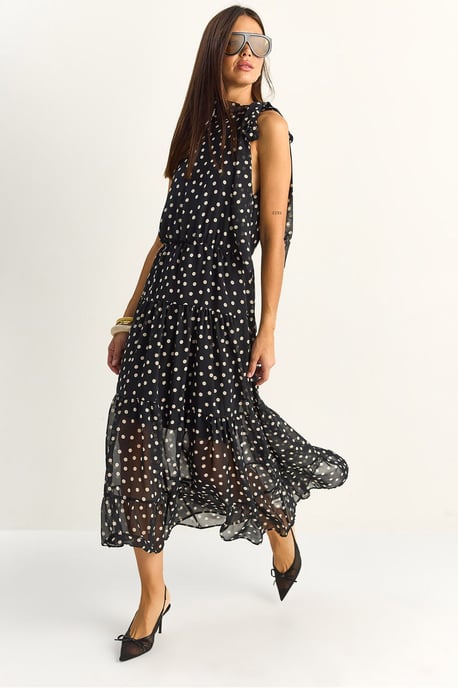 Pruik met halterkraag in polkadots midi jurk - Image 1