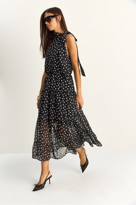 Pruik met halterkraag in polkadots midi jurk - Image 3