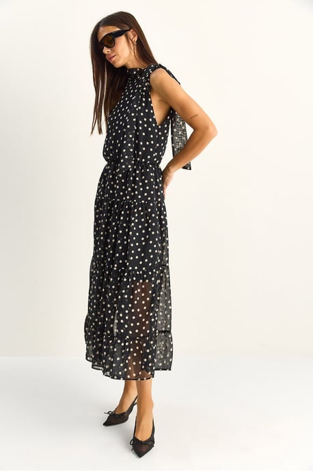 Pruik met halterkraag in polkadots midi jurk - Image 4