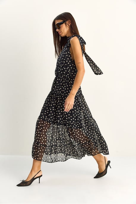 Pruik met halterkraag in polkadots midi jurk - Image 5