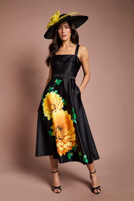 Lisa Tan Floral Placement Print Belted Midi Dress - Image 1