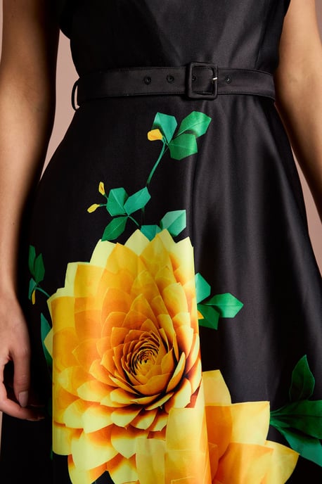 Lisa Tan Floral Placement Print Belted Midi Dress - Image 5