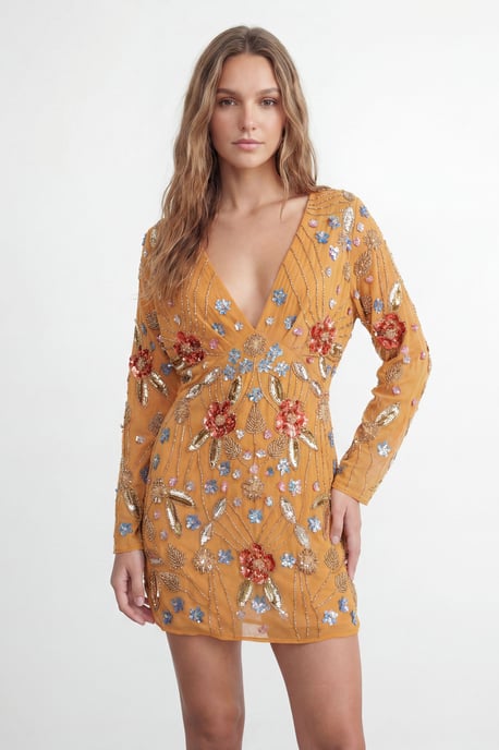 Premium Hand Embellished Plunge Mini Dress with Kimono Sleeve - Image 4