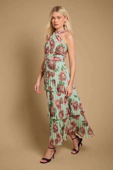 Halterneck Pleated Tiered Maxi Dress - Image 1