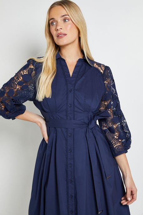 Petite Cotton Lace Belted Shirt Dress - Image 4