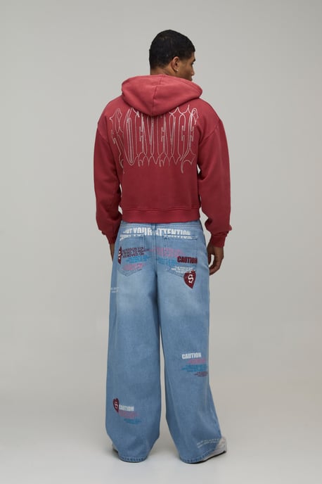 Caution All Over Graphic Tinted Baggy Fit Jeans - Image 3