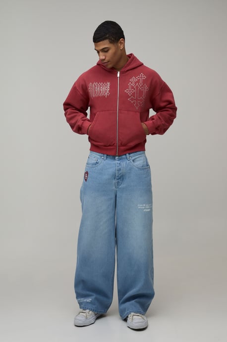 Caution All Over Graphic Tinted Baggy Fit Jeans - Image 4
