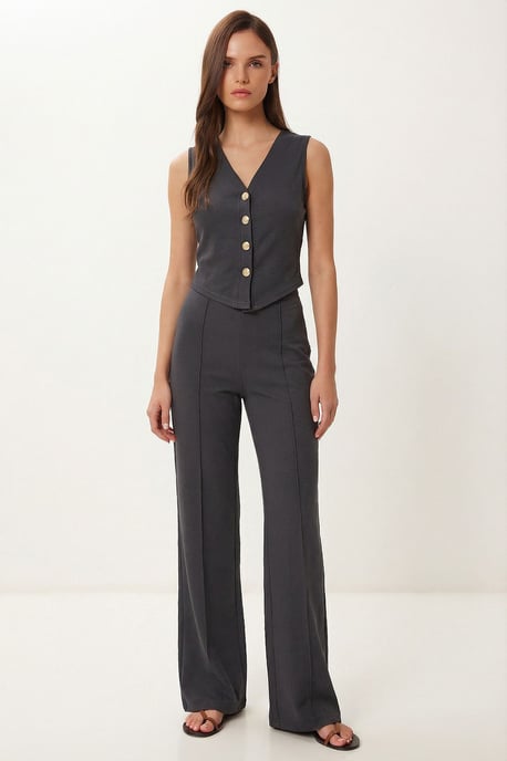 High Waist V-neck Button-Up Wide Leg Co-ord Set - Image 1