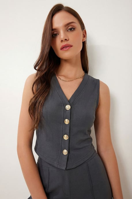 Hoge Taille V-hals Knop-Up Wijd Been Co-ord Set - Image 3