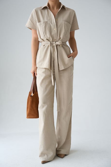 Gevouwen Middelhoge Taille Wijde Pijpen Twee-delige Co-ord Set - Image 1