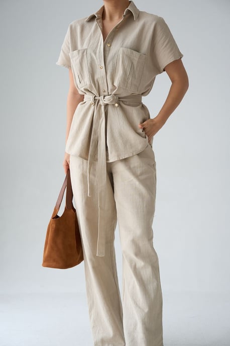 Gevouwen Middelhoge Taille Wijde Pijpen Twee-delige Co-ord Set - Image 3