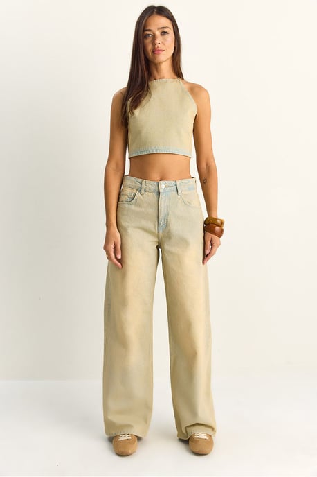 Hoge Taille Denim Haltertop en Brede Pijpen Broek Set - Image 1