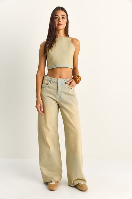 Hoge Taille Denim Haltertop en Brede Pijpen Broek Set - Image 2