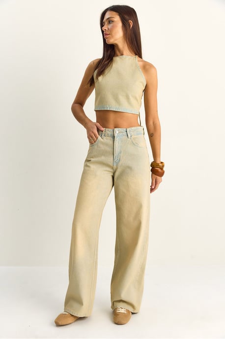 Hoge Taille Denim Haltertop en Brede Pijpen Broek Set - Image 3