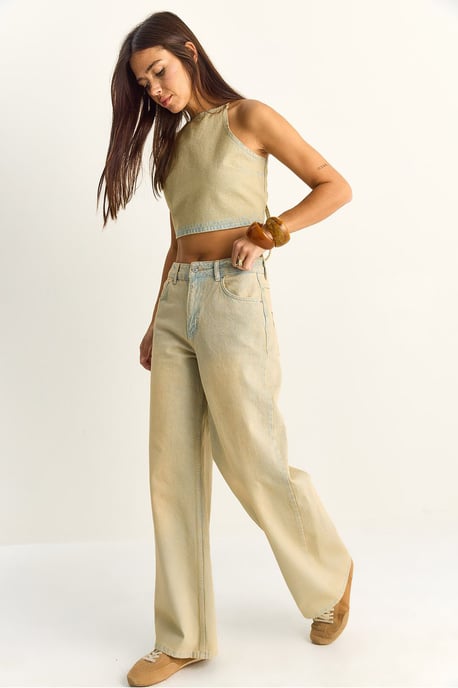 Hoge Taille Denim Haltertop en Brede Pijpen Broek Set - Image 5