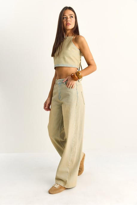 Hoge Taille Denim Haltertop en Brede Pijpen Broek Set - Image 6