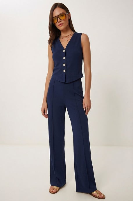 High Waist V-neck Button-Up Wide Leg Co-ord Set - Image 1