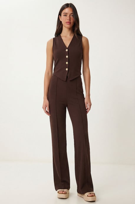 Hoge Taille V-hals Knopen Wijde Poot Co-ord Set - Image 1