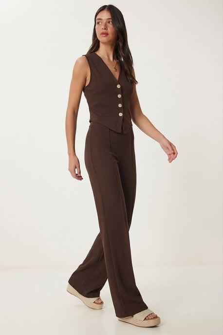 Hoge Taille V-hals Knopen Wijde Poot Co-ord Set - Image 2