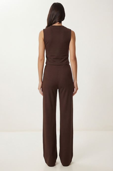 Hoge Taille V-hals Knopen Wijde Poot Co-ord Set - Image 5