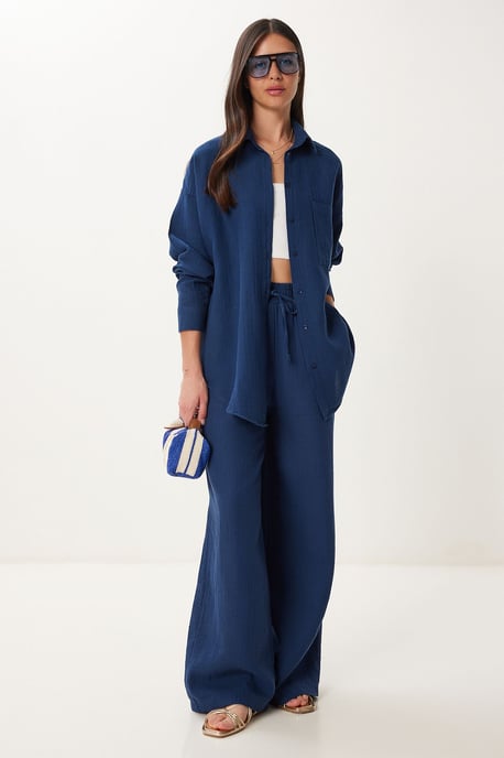 Hoge Taille Wijde Pijpen Twee-delige Co-ord Set met Shirtkraag - Image 2