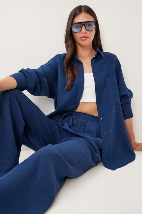 Hoge Taille Wijde Pijpen Twee-delige Co-ord Set met Shirtkraag - Image 3