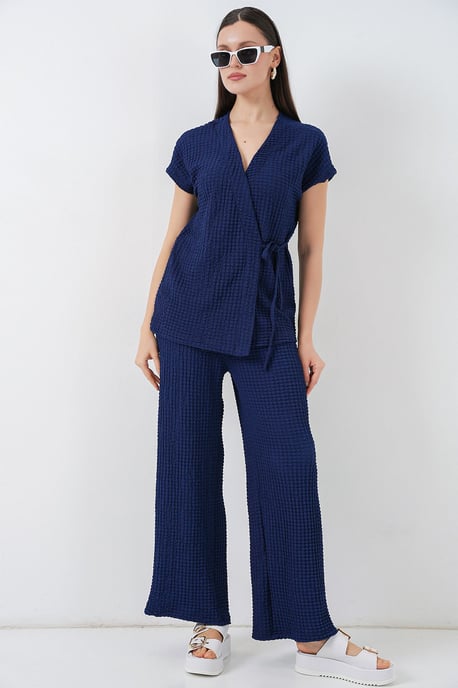 Gestructureerde V-hals Met Strikdetail Twee-delig Co-ord Set - Image 1