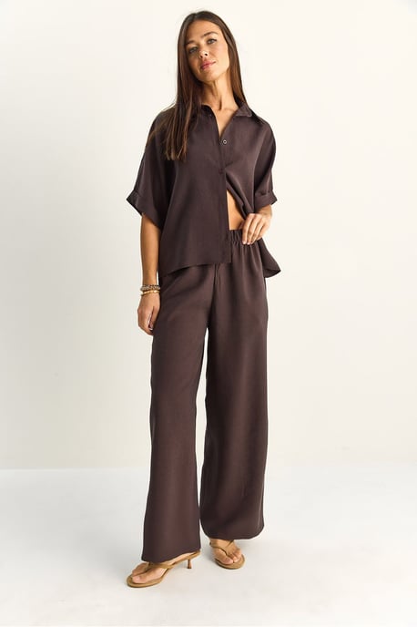 Hoge taille wijde been twee-delige co-ord set met overhemdkraag - Image 4
