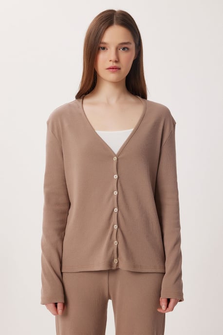 V-hals Knoop Long Cardigan en Broeken Pyjama Set - Image 3
