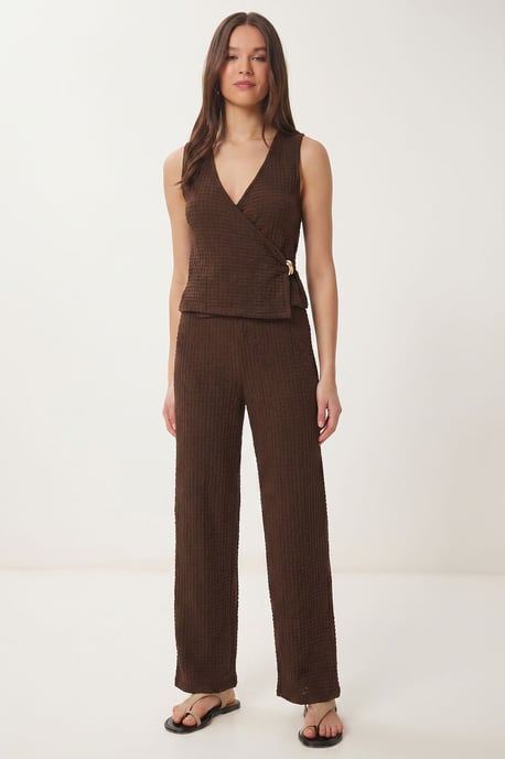 Gestructureerde V-hals Hoge Taille Co-Ord Set met Wijde Pijpenbroek - Image 1