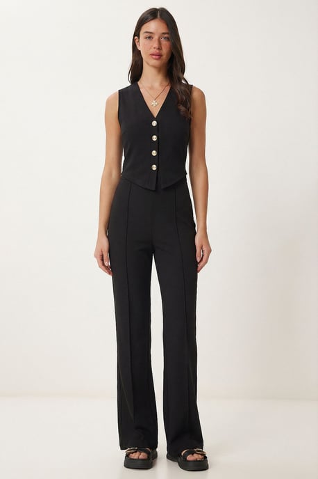 High Waist V-neck Button-Up Wide Leg Co-ord Set - Image 1