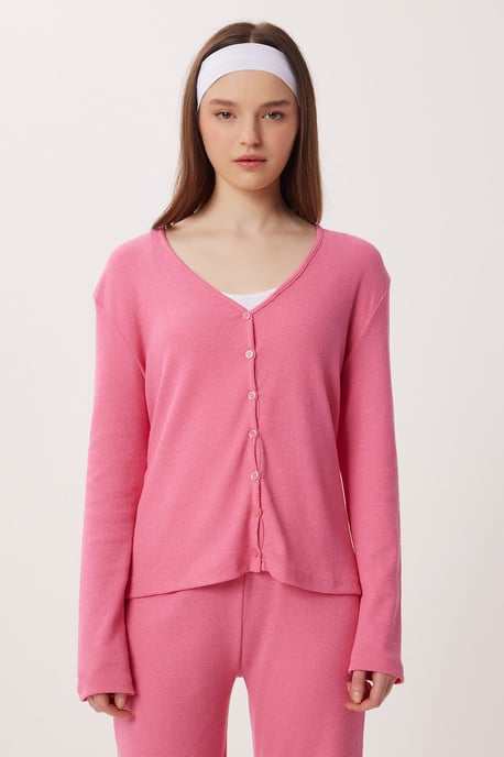 V-hals Knoop Long Cardigan en Broeken Pyjama Set - Image 3