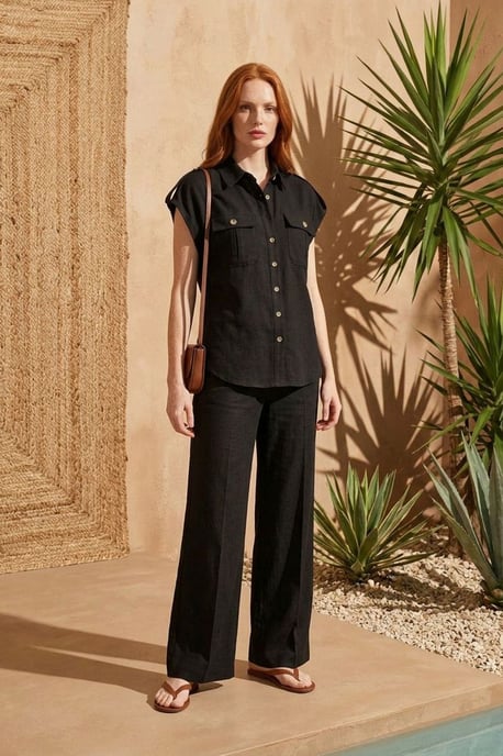 Hoge Taille Wijde Pijpen Twee-Delige Set met Shirtkragen - Image 4