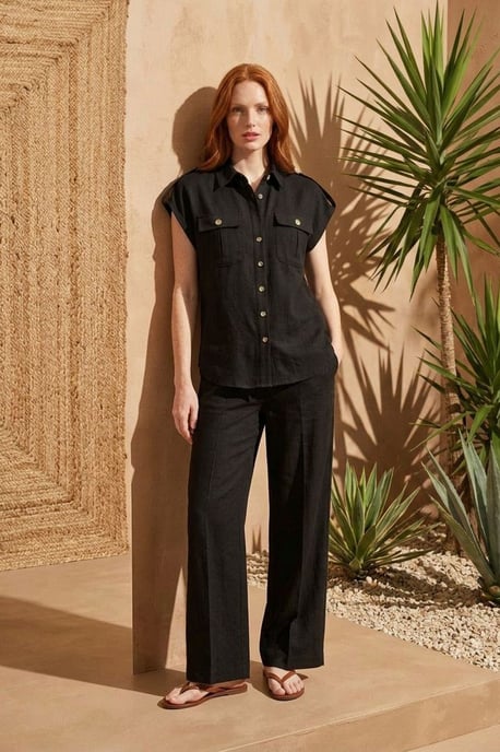 Hoge Taille Wijde Pijpen Twee-Delige Set met Shirtkragen - Image 5