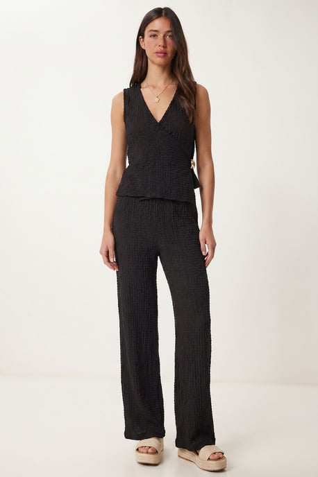 Gestructureerde V-hals Hoge Taille Co-Ord Set met Wijde Pijpenbroek - Image 1