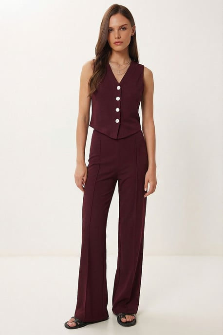 High Waist V-neck Button-Up Wide Leg Co-ord Set - Image 1