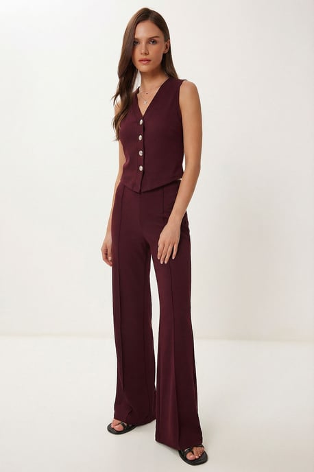 Hoogwaardige Taille V-hals Knopen-up Brede Pijpen Co-ord Set - Image 2