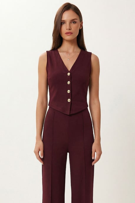 Hoogwaardige Taille V-hals Knopen-up Brede Pijpen Co-ord Set - Image 3