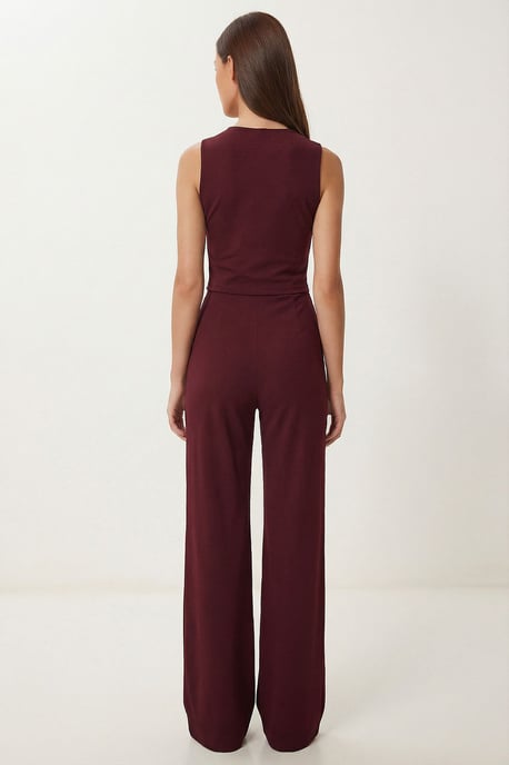 Hoogwaardige Taille V-hals Knopen-up Brede Pijpen Co-ord Set - Image 5
