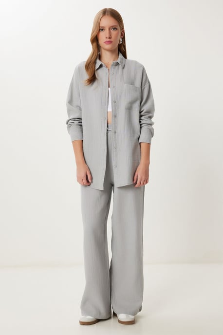 Hoge Taille Wijde Pijpen Twee-Delige Set met Hemdcol - Image 2