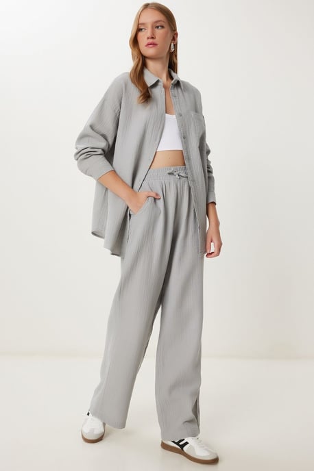 Hoge Taille Wijde Pijpen Twee-Delige Set met Hemdcol - Image 3