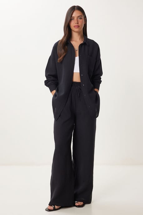 Hoge Taille Brede Pijpen Twee-Delig Co-ord Set met Kraag - Image 2