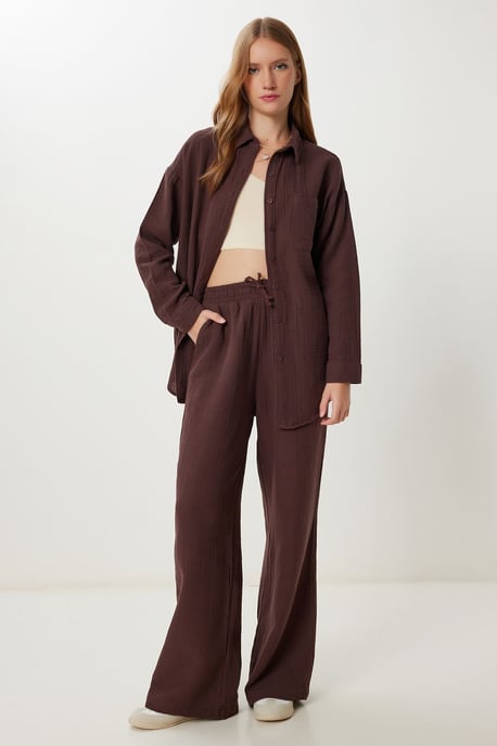 Hoge Taille Brede Pijpen Twee-Delig Co-ord Set met Kraag - Image 1
