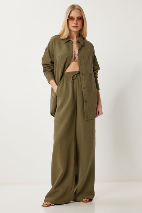Hoge Taille Brede Pijpen Twee-Delig Co-ord Set met Kraag - Image 1
