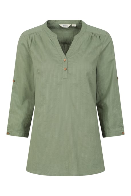 'Petra' Women's 3/4 Sleeve Shirt Button Neck Breathable Everyday Top Olive - Image 1