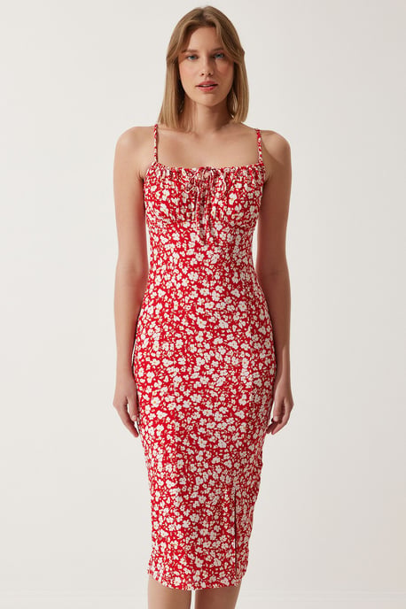 Bloemengebroken Ribbel Bodycon Midi-jurk met Split - Image 3