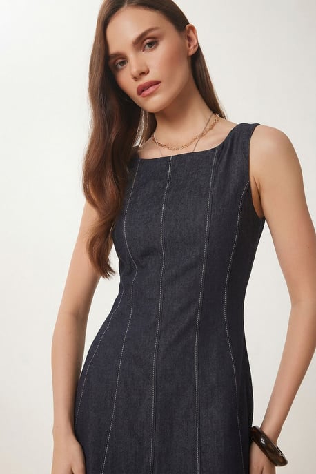 A-lijn Midi Denim Jurk met Ronde Hals - Image 3
