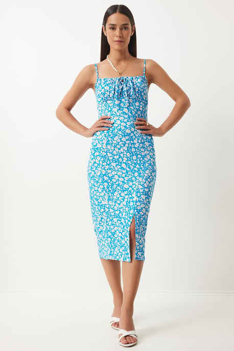 Bloemengebroken Ribbel Bodycon Midi-jurk met Split - Image 1
