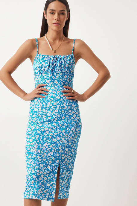 Bloemengebroken Ribbel Bodycon Midi-jurk met Split - Image 2