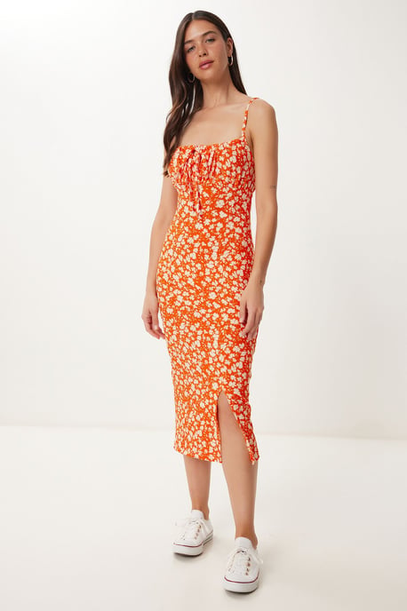 Bloemengebroken Ribbel Bodycon Midi-jurk met Split - Image 2